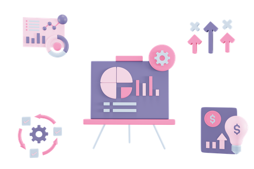 Ilustração de gestão financeira com gráficos e análises